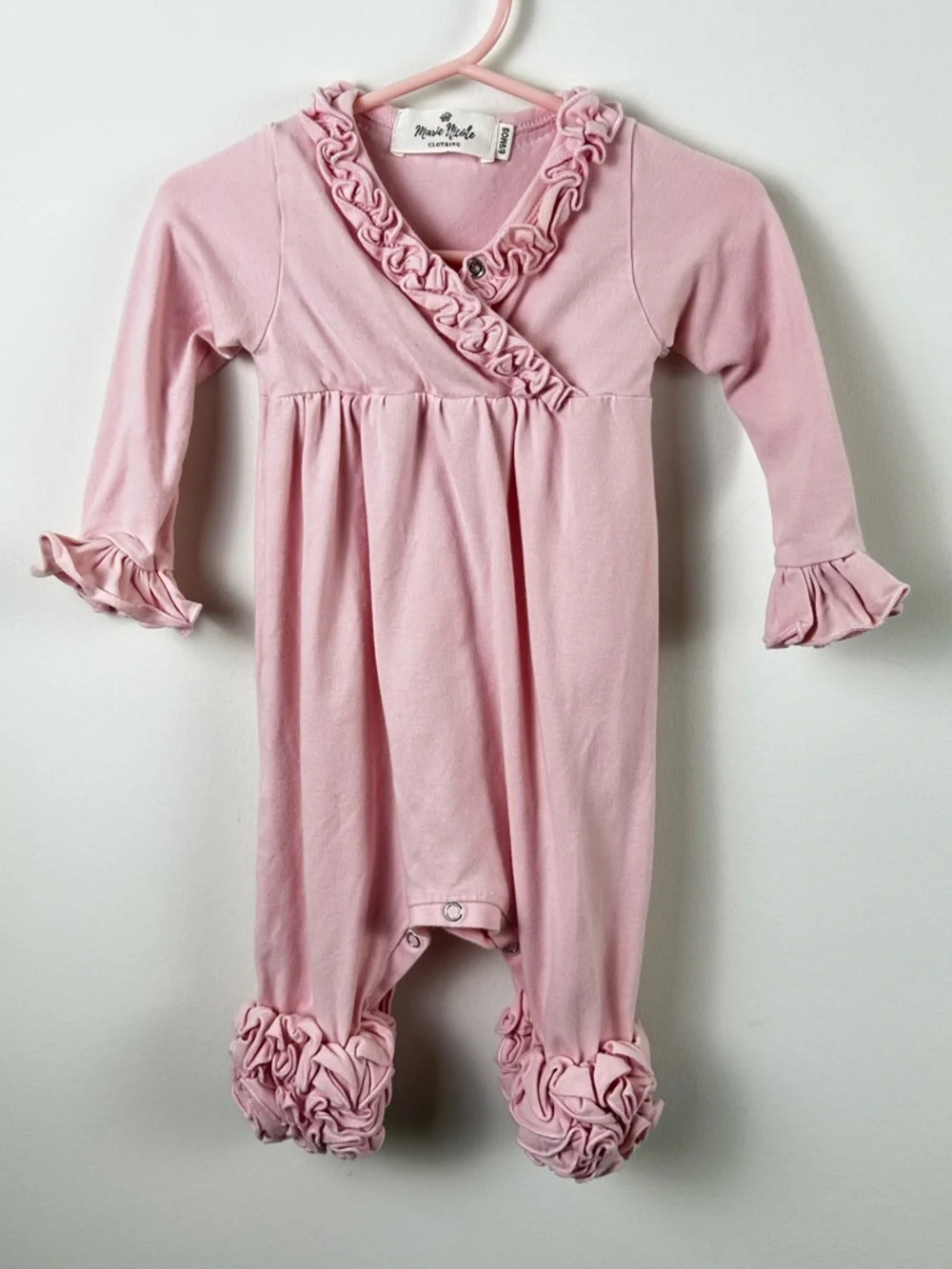 Marie Nicole Clothing Baby Pink Ruffle-Trim Footed One-Piece